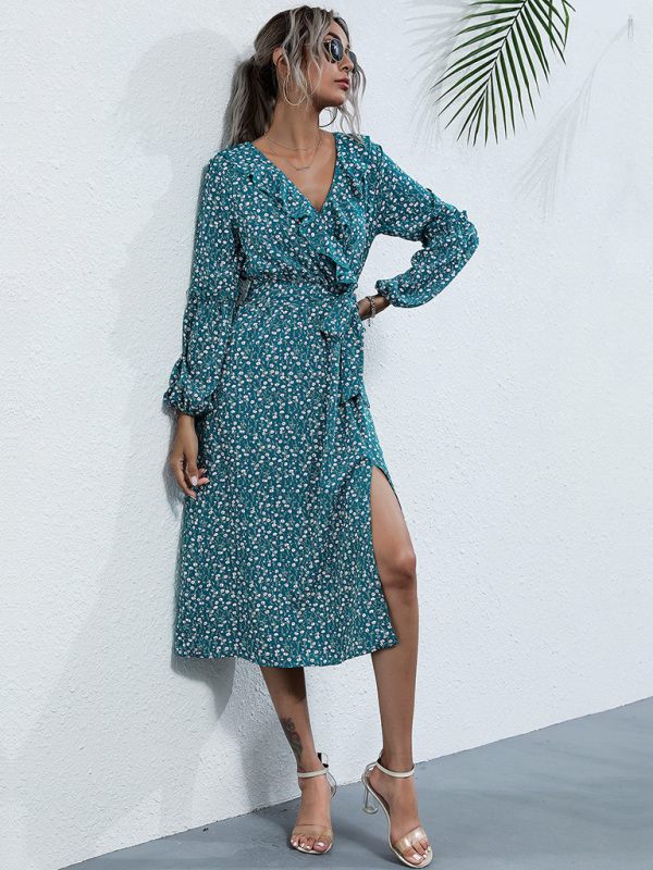 Women's ruffle collar long-sleeved floral dresses - Image 8