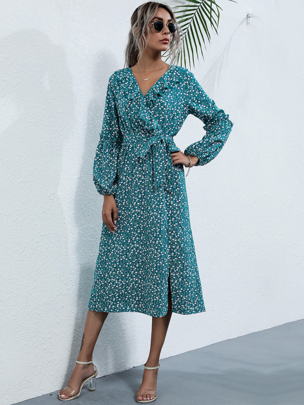 Women's ruffle collar long-sleeved floral dresses - Image 7