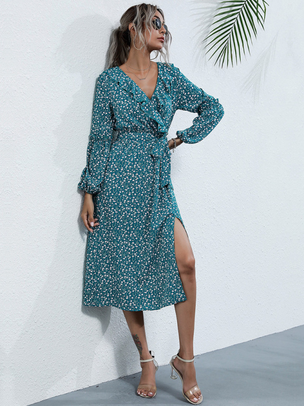 Women's ruffle collar long-sleeved floral dresses - Image 6