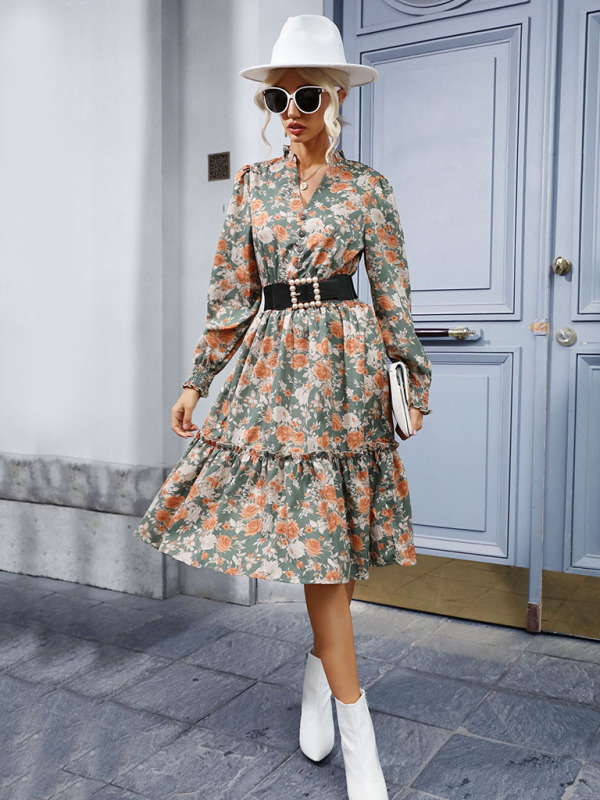 Women's temperament ruffle print retro long-sleeved dress - Image 4