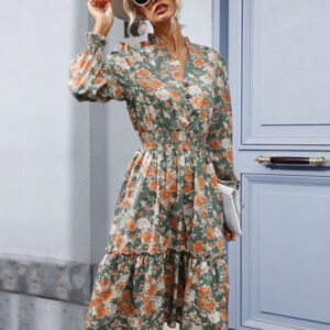 Women's temperament ruffle print retro long-sleeved dress