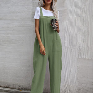 Trendy cotton and linen lazy style pure color sleeveless suspenders one-piece overalls for women