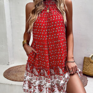 Women's bohemian print holiday halterneck dress