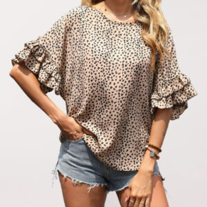 Women's Woven Round Neck Leopard Dolman-Sleeve Shirt