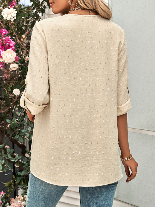 Spring and summer new women's fashion solid color loose V-neck three-quarter sleeve top - Image 3