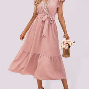 Casual new solid color casual tie waist lace V-neck dress