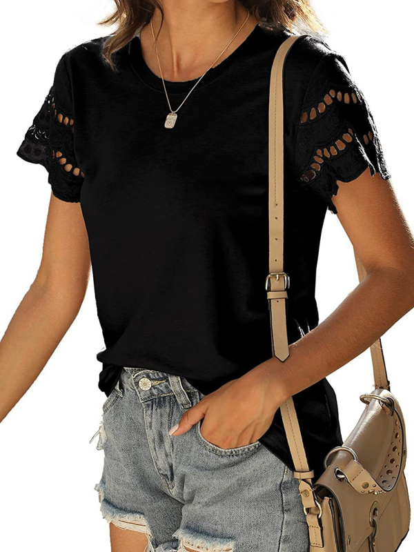 Summer new lace stitching short-sleeved T-shirt round neck top - Image 24