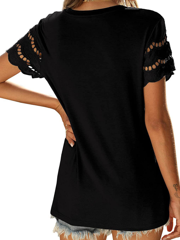 Summer new lace stitching short-sleeved T-shirt round neck top - Image 23