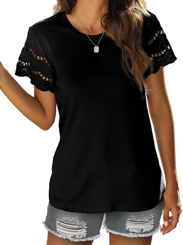Summer new lace stitching short-sleeved T-shirt round neck top - Image 22