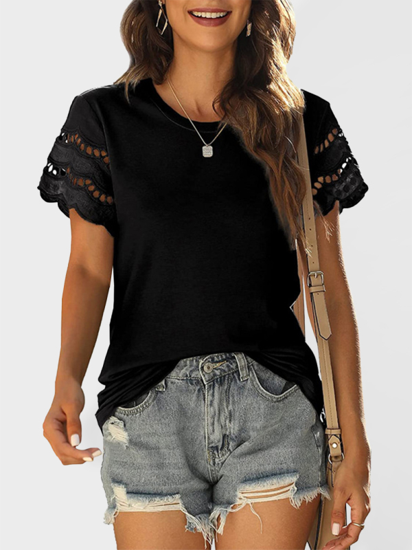 Summer new lace stitching short-sleeved T-shirt round neck top - Image 6