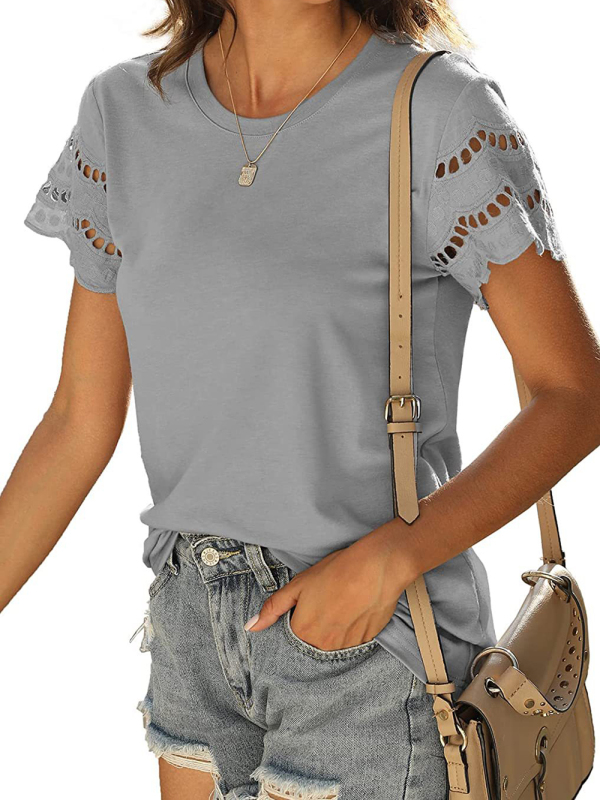 Summer new lace stitching short-sleeved T-shirt round neck top - Image 19