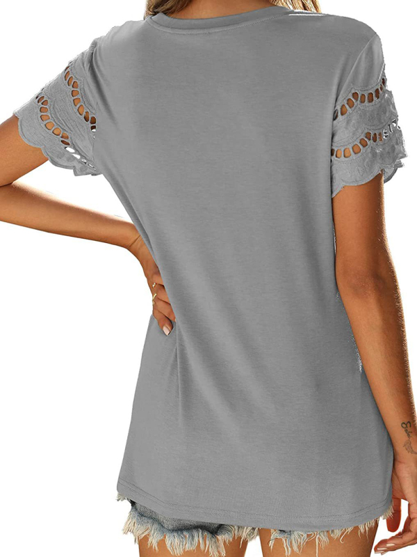 Summer new lace stitching short-sleeved T-shirt round neck top - Image 20