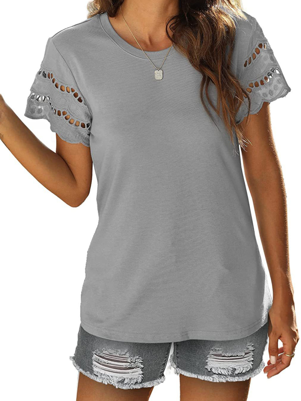Summer new lace stitching short-sleeved T-shirt round neck top - Image 21