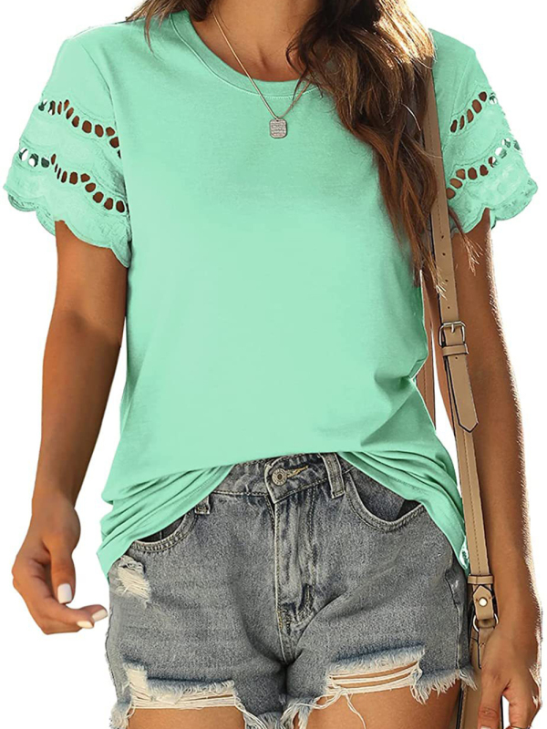 Summer new lace stitching short-sleeved T-shirt round neck top - Image 3