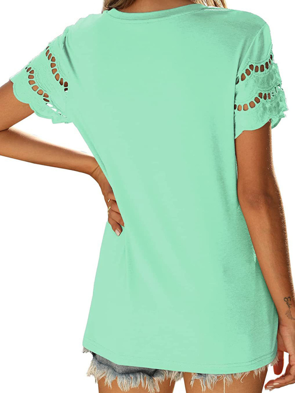 Summer new lace stitching short-sleeved T-shirt round neck top - Image 14
