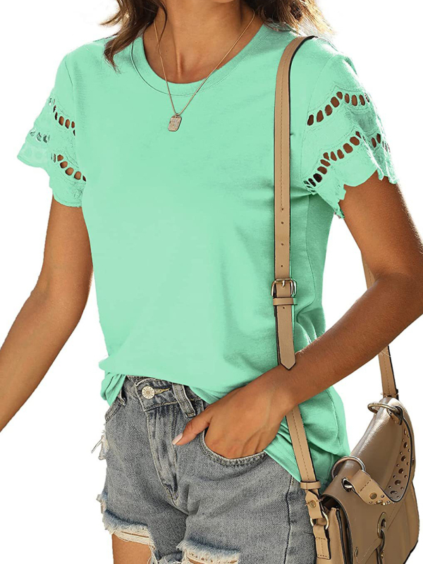 Summer new lace stitching short-sleeved T-shirt round neck top - Image 15