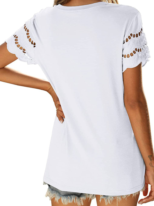 Summer new lace stitching short-sleeved T-shirt round neck top - Image 7