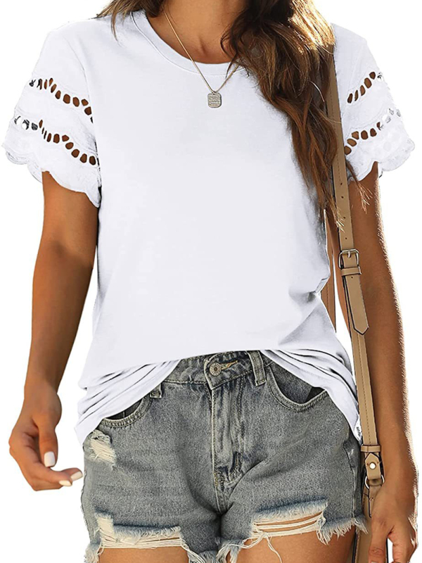 Summer new lace stitching short-sleeved T-shirt round neck top - Image 9