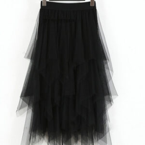 Mesh splicing skirt high waist slimming solid color mid-length fairy skirt