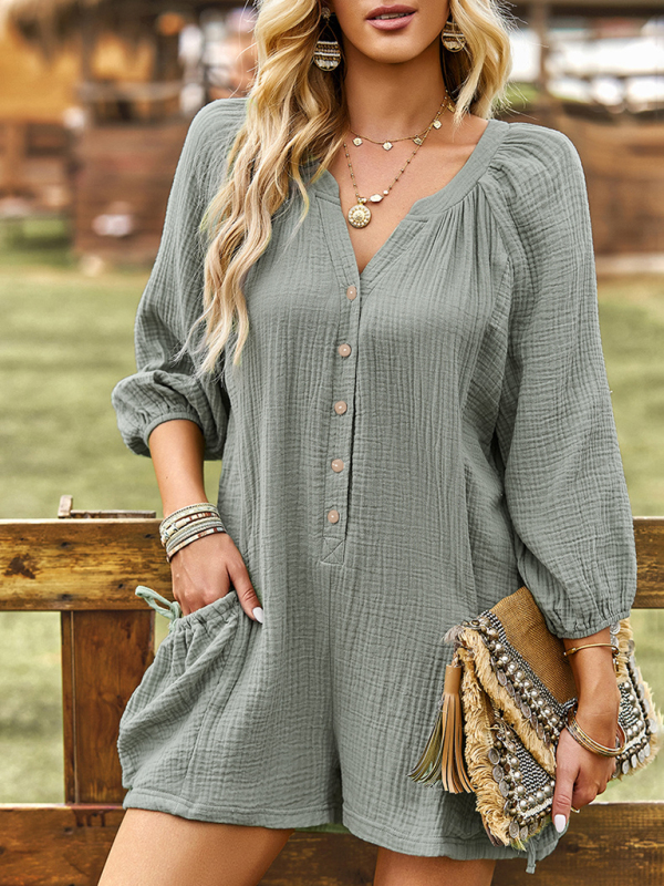 Women's solid color casual loose cotton and linen jumpsuit - Image 12