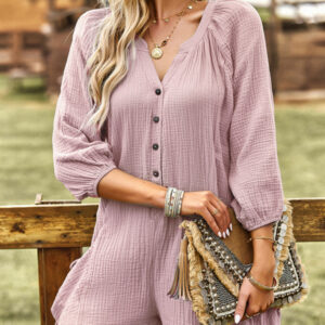 Women's solid color casual loose cotton and linen jumpsuit