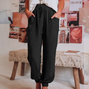 Bloomers Solid Color Cotton Linen Pants Ladies Pocket Drawstring Casual Pants