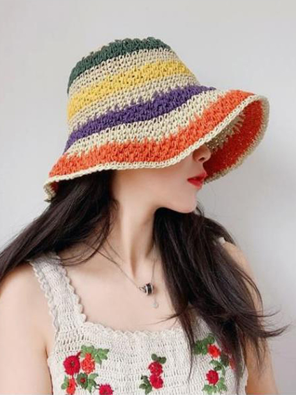 Braided straw hat rainbow fisherman hat big brim sun hat outdoor beach sun sun hat - Image 3