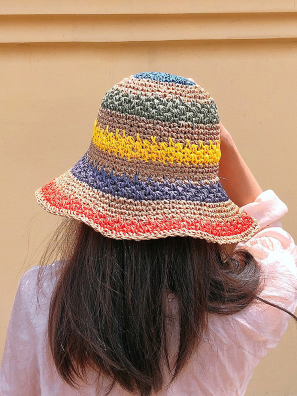 Braided straw hat rainbow fisherman hat big brim sun hat outdoor beach sun sun hat - Image 6