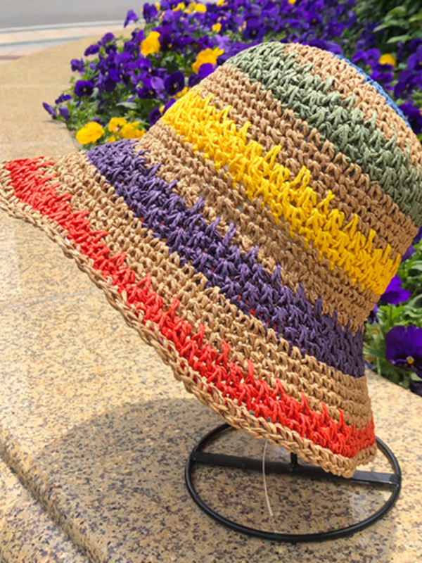 Braided straw hat rainbow fisherman hat big brim sun hat outdoor beach sun sun hat - Image 7