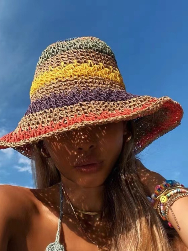 Braided straw hat rainbow fisherman hat big brim sun hat outdoor beach sun sun hat - Image 2