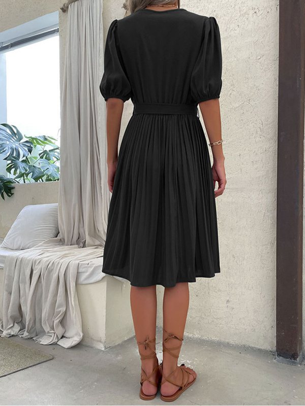 Women's Solid Color Tie V Neck Pleated Dress - Image 5