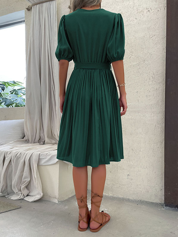 Women's Solid Color Tie V Neck Pleated Dress - Image 9