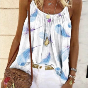 Women's New Tops Loose Feather Print Camisole T-Shirt