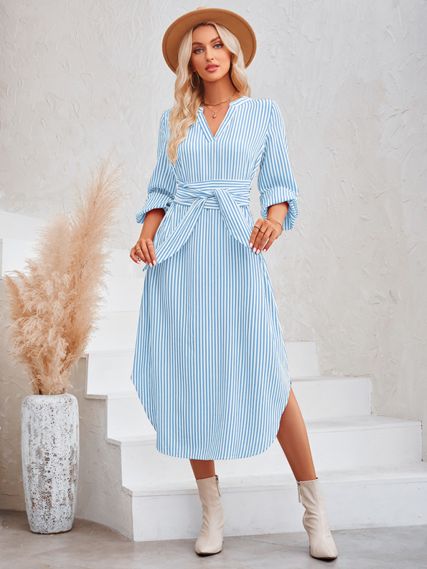 Casual V-neck striped tie waist shirt dress - Image 4