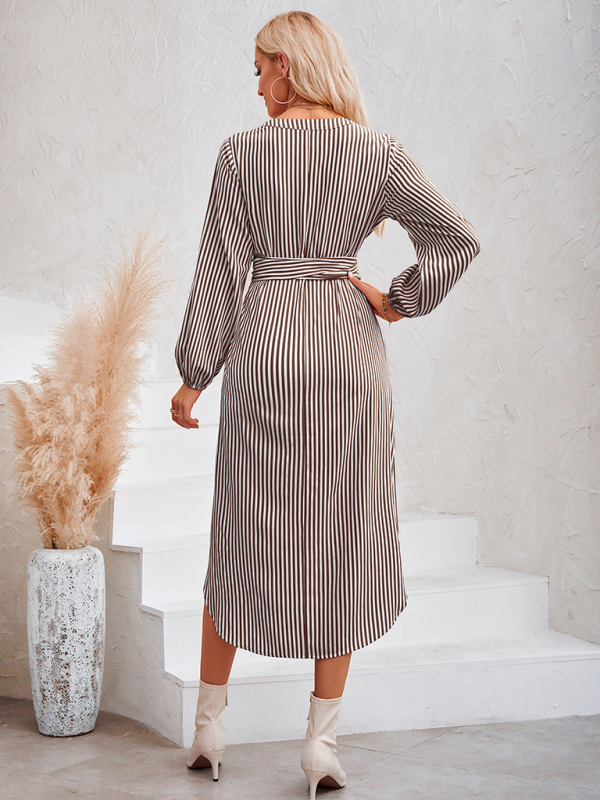 Casual V-neck striped tie waist shirt dress - Image 10