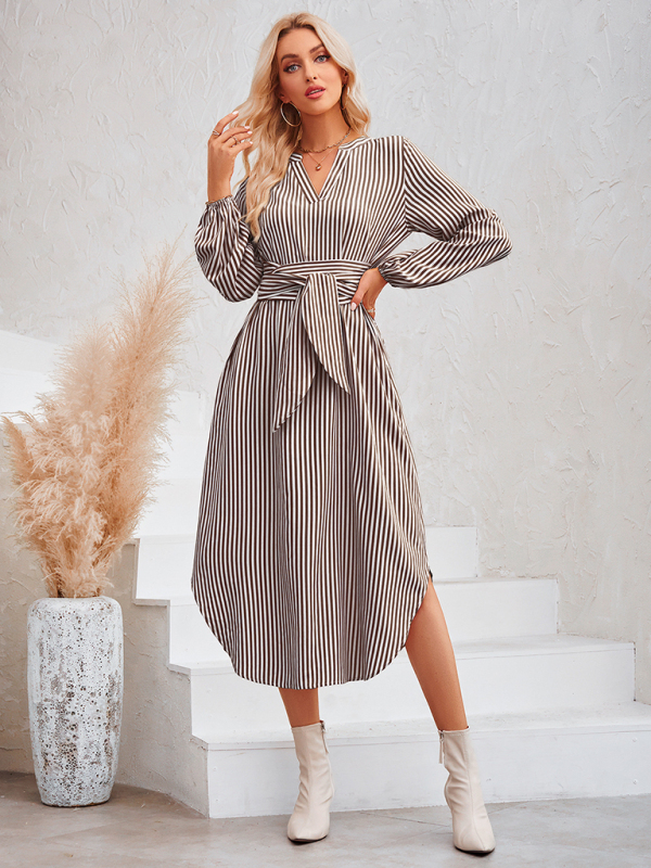Casual V-neck striped tie waist shirt dress - Image 3