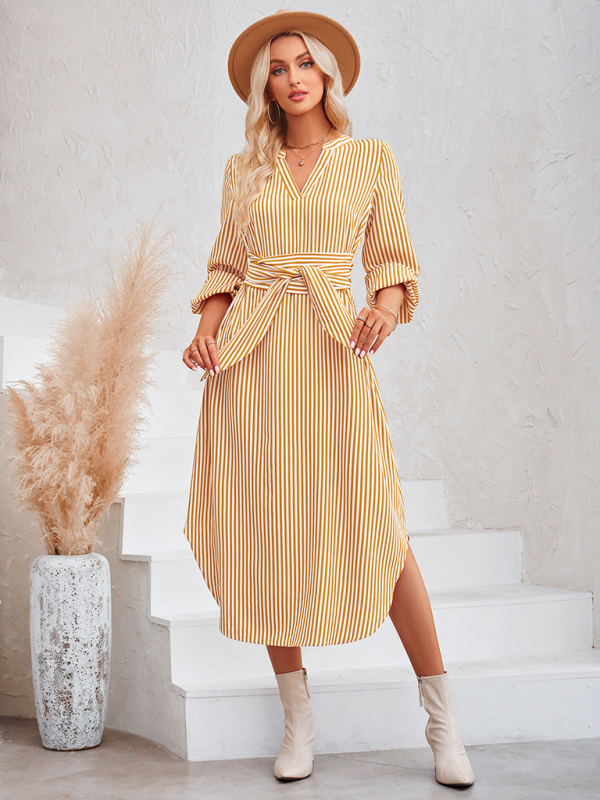 Casual V-neck striped tie waist shirt dress - Image 7