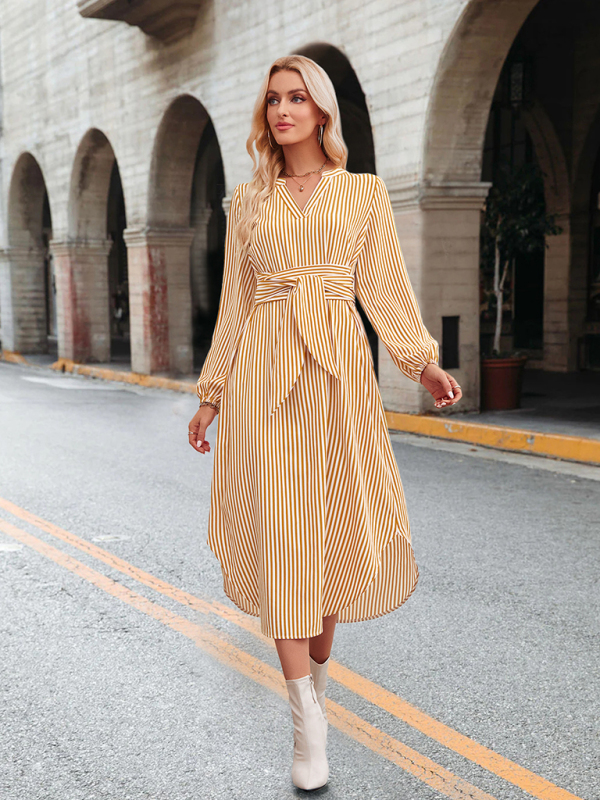 Casual V-neck striped tie waist shirt dress - Image 8