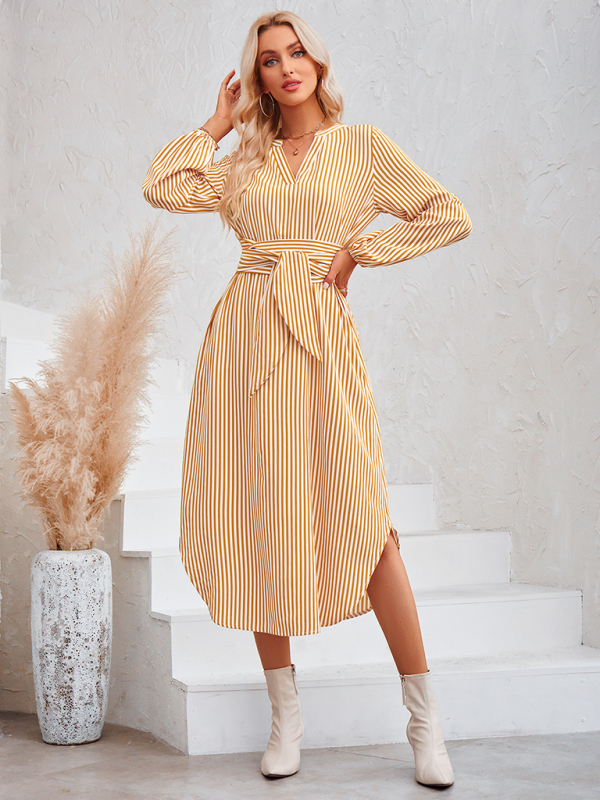 Casual V-neck striped tie waist shirt dress - Image 2