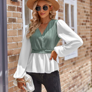 New women's casual solid color V-neck stitching long-sleeved top