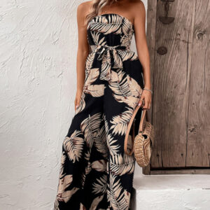 New fashion women's plant leaf print tube top jumpsuit