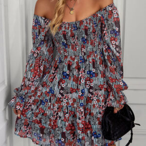 Bohemian print stretch elastic square neck long-sleeved dress