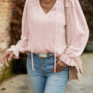 Temperament and elegant v-neck knotted long-sleeved top blouse