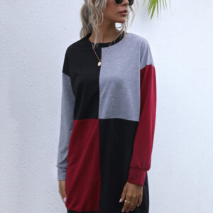 Long-sleeved color block round neck casual sweater dress
