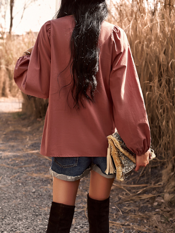 New women's temperament commuting solid color V-neck long-sleeved top - Image 8