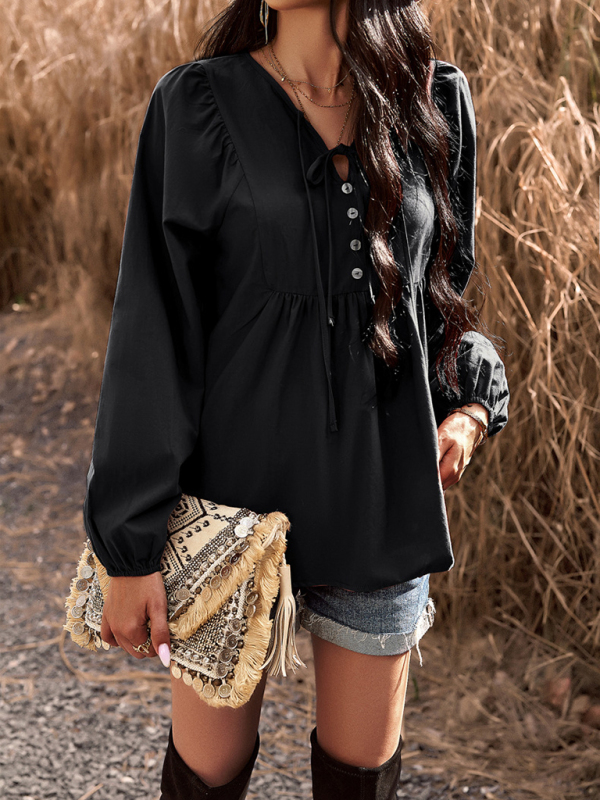 New women's temperament commuting solid color V-neck long-sleeved top - Image 3