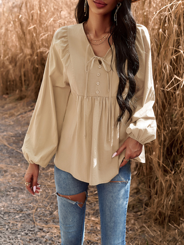 New women's temperament commuting solid color V-neck long-sleeved top - Image 19