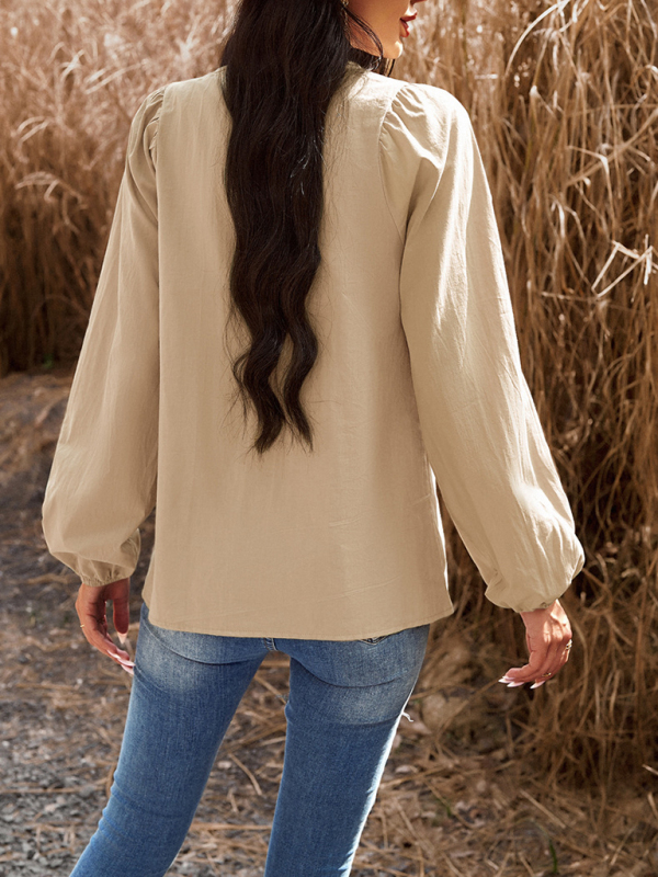 New women's temperament commuting solid color V-neck long-sleeved top - Image 18