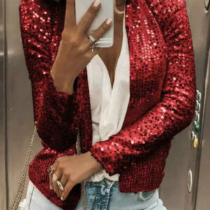 Women's fashion round neck solid color sequined short coat casual all-match small coat