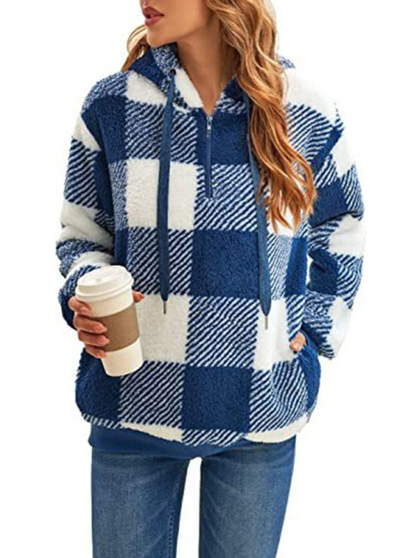 Long sleeve hooded plaid plush women's sweatshirt - Image 3